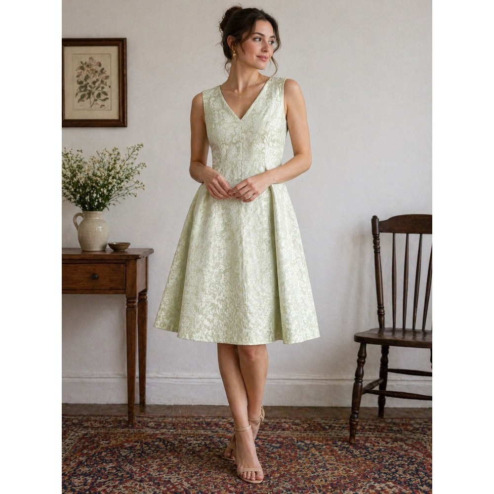 Eva Mendes New York & Company Sage Green Floral Jacquard Fit Flare Dress 10